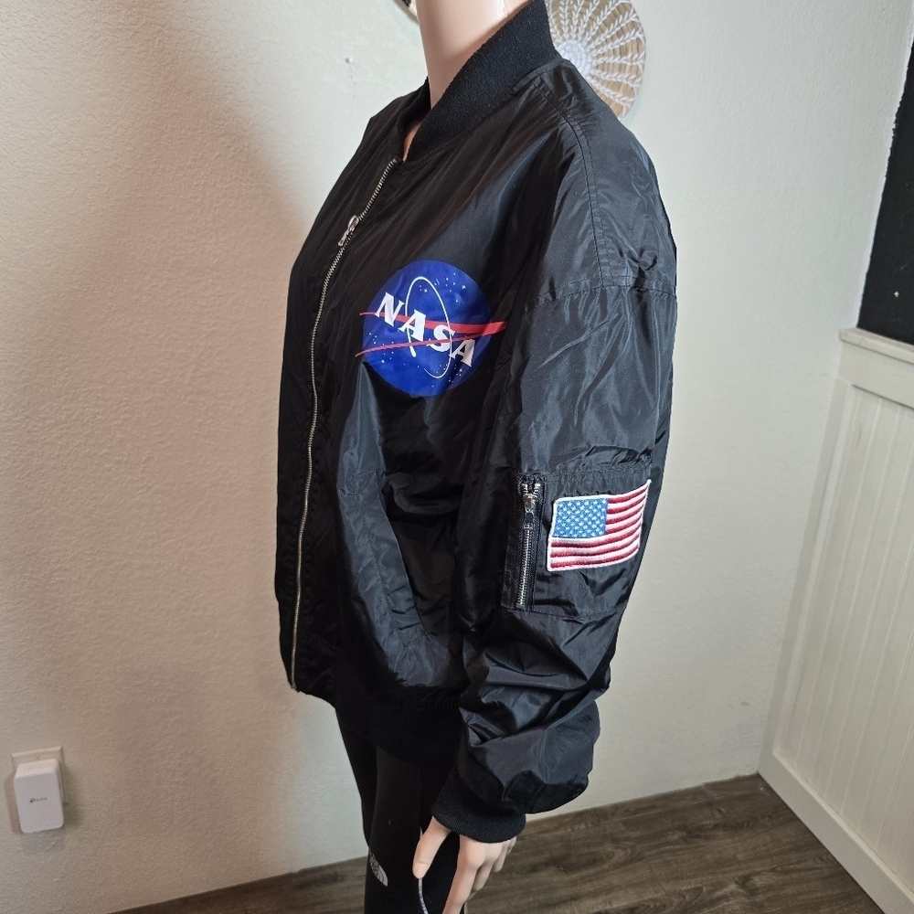 NASA Bomber Jacket With Patches Chemistry Brand Black With Orange Lining Sz Larg - Picture 3 of 16